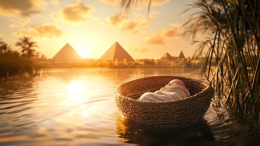 Baby Moses in a basket floating on the Nile River with the Egyptian pyramids in the background at sunset.