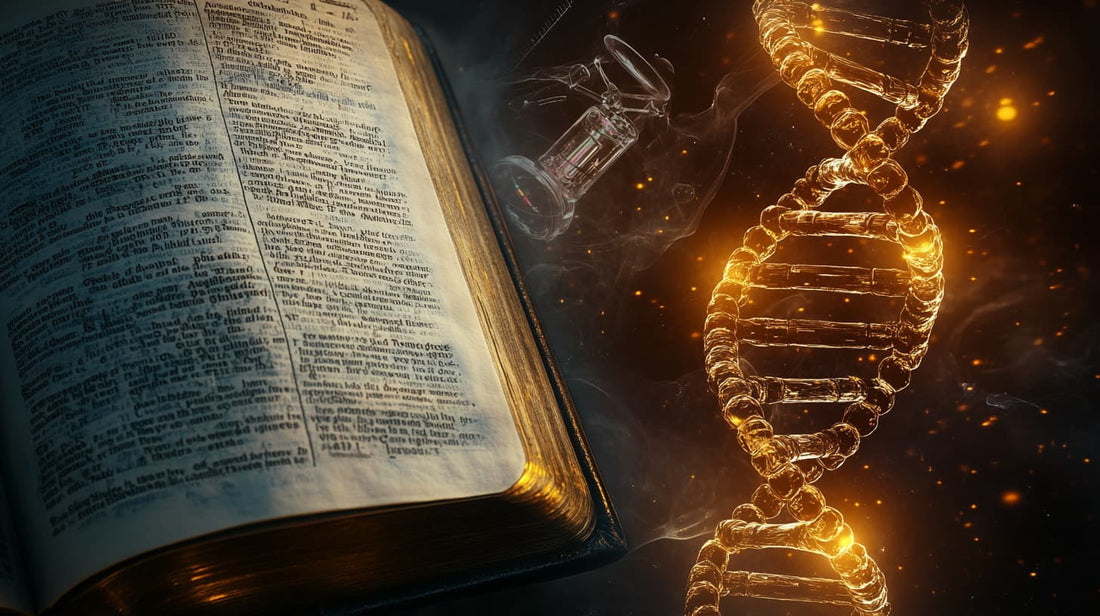 Open Bible next to a glowing DNA strand, symbolizing the relationship between faith and science.