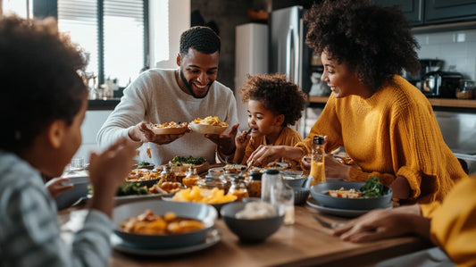 Family enjoying a meal together, promoting healthy relationships and family bonding over dinner in a loving home environment.