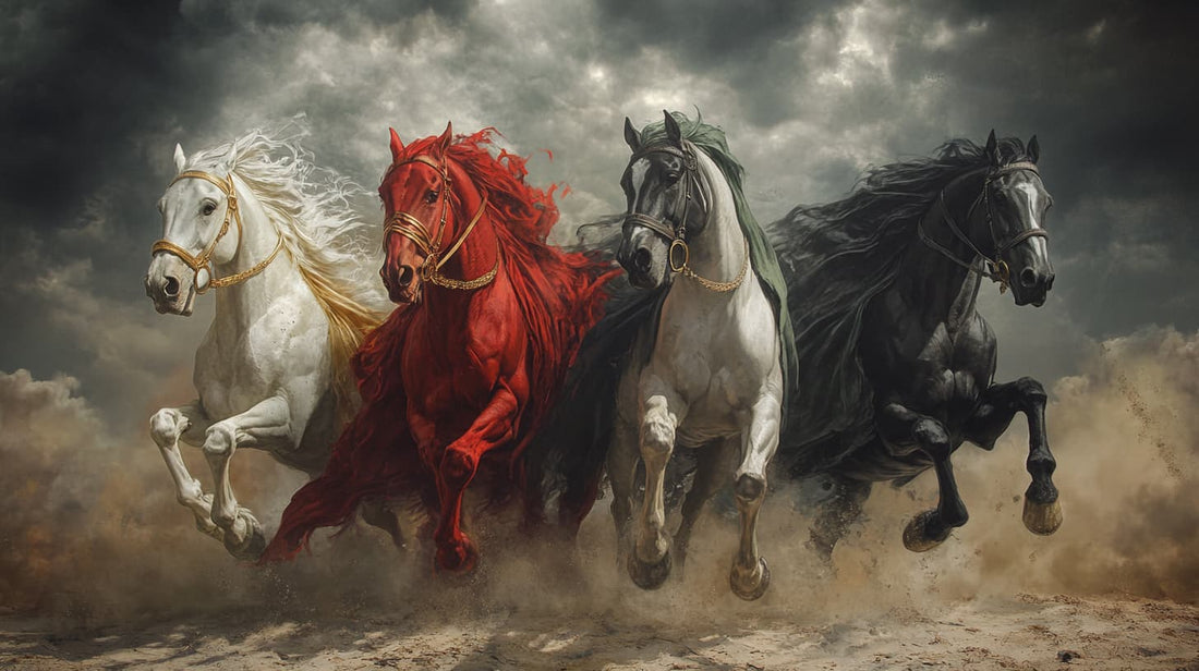 The Four Horsemen of the Apocalypse riding together: the White Horse of Conquest, the Red Horse of War, the Black Horse of Famine, and the Pale Horse of Death.