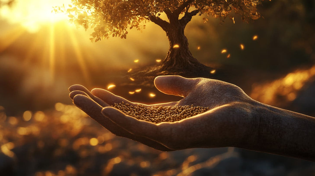 A hand holding mustard seeds with a tree in the background, symbolizing growth from small beginnings.