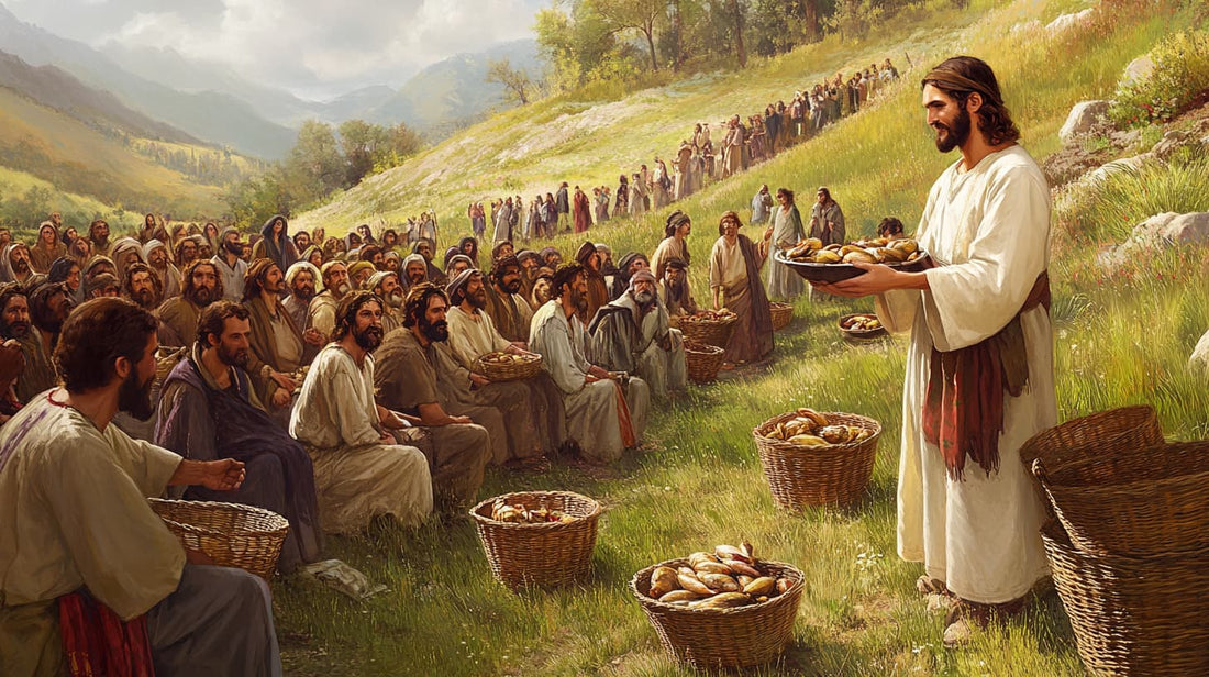 Jesus performing the miracle of feeding 5,000 people with loaves and fish, demonstrating God's provision and abundance.