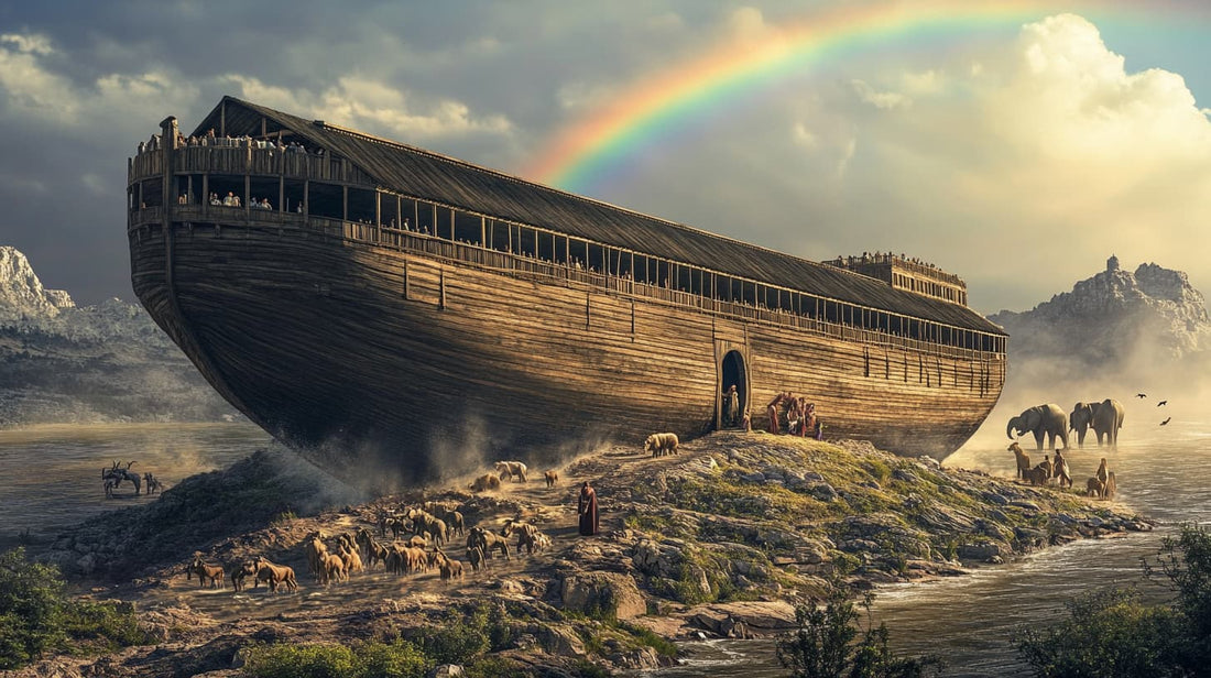 Noah's Ark resting on land with animals exiting, a rainbow overhead symbolizing God's covenant after the Great Flood in the biblical story from Genesis.