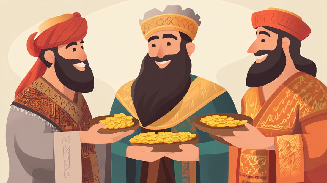 Illustration of three servants receiving gold coins from a wealthy master, representing the Parable of the Talents from the Bible.