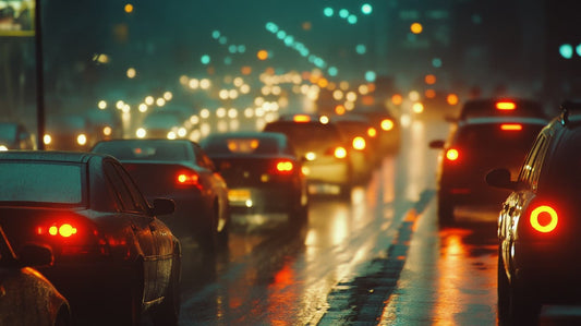 Cars stuck in heavy traffic on a rainy night, illustrating the challenge of practicing patience during daily commutes.