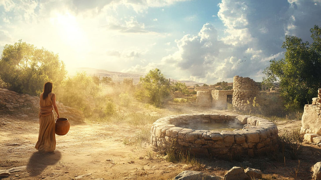 Samaritan woman walking to Jacob's well at midday, illustrating the setting for her transformative encounter with Jesus.