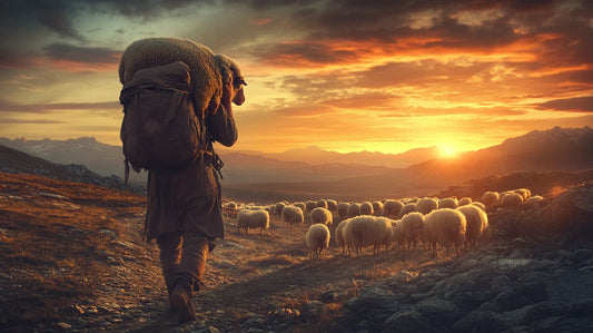 A shepherd carrying a lost sheep on his shoulders at sunset, symbolizing God's love and the Parable of the Lost Sheep.